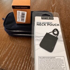 NIB TRAVEL BUNDLE - RFID Security Neck Pouch, Travel Adaptor, Cord Case